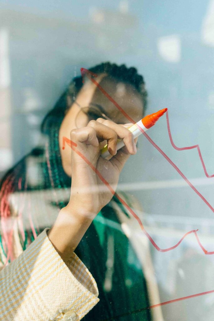 Lady drawing chart that shows growth from bottom left to top right